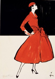 Ohne Titel, 1955, Mode von Dior, veröffentlicht in International Textiles Tuschpinsel und Gouache 39,5 x 27,5 cm © SARL René Gruau